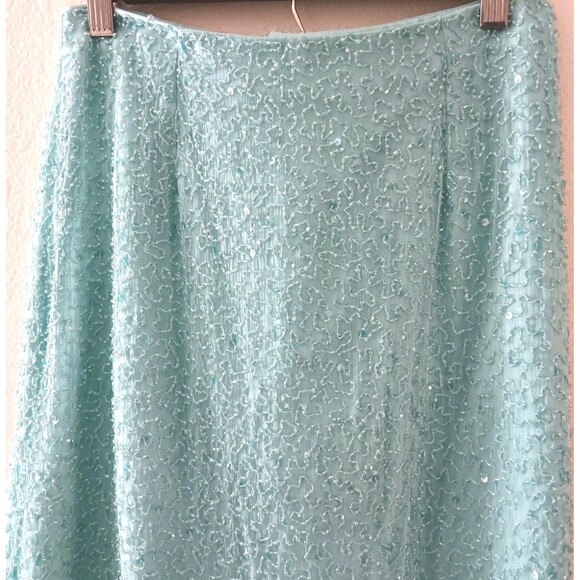 Vintage Lawrence Kazer Teal Aqua Beaded Silk Midi Skirt Sz S 80s 90s Eveningwear - Picture 7 of 16